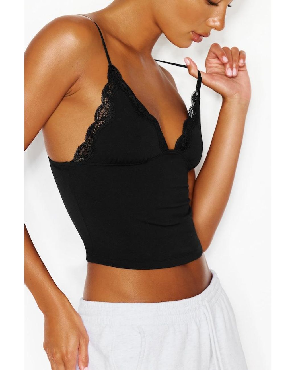 Garage Black Sleek Plunge Lace Trim Cami Top