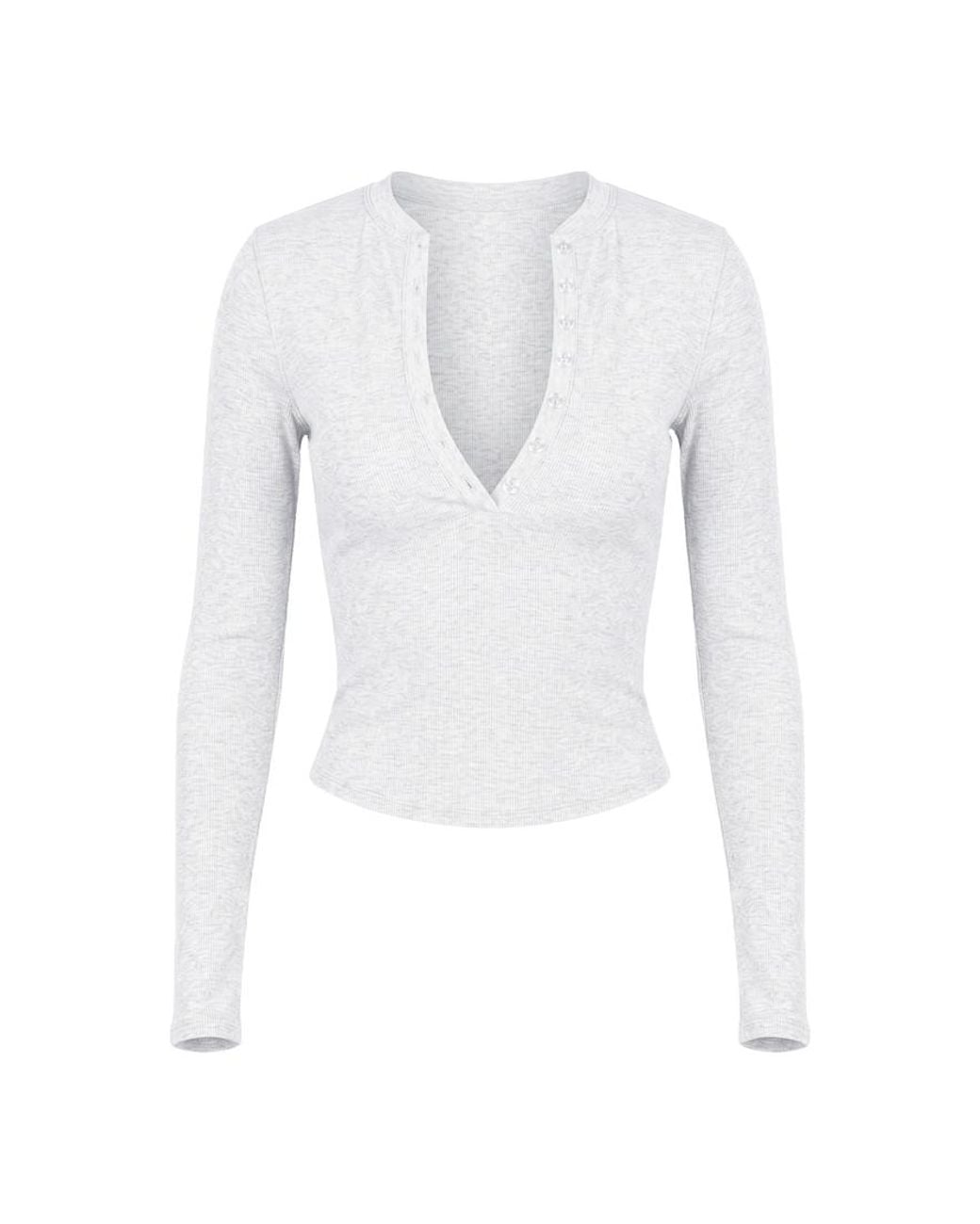 Garage White Snatchrib Crewneck Henley Long Sleeve Top