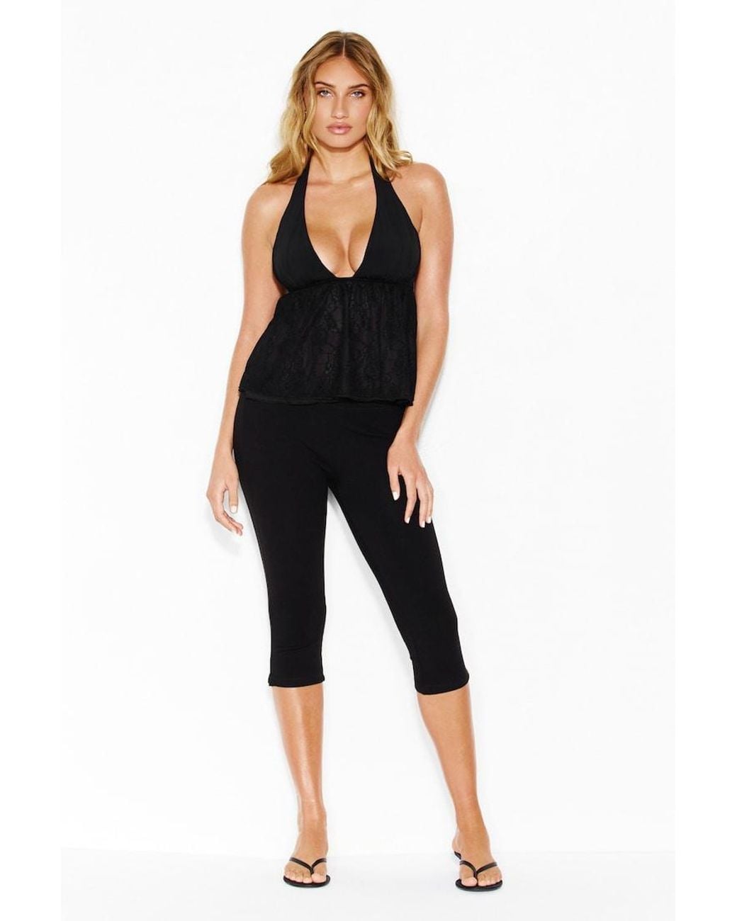 Garage Black Plunge Mixed Media Flyaway Top