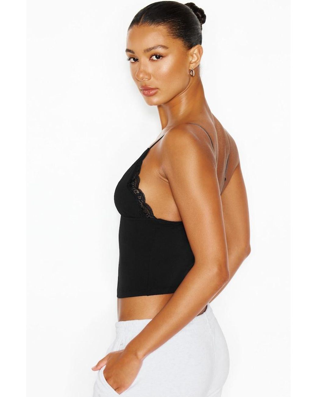 Garage Black Sleek Plunge Lace Trim Cami Top