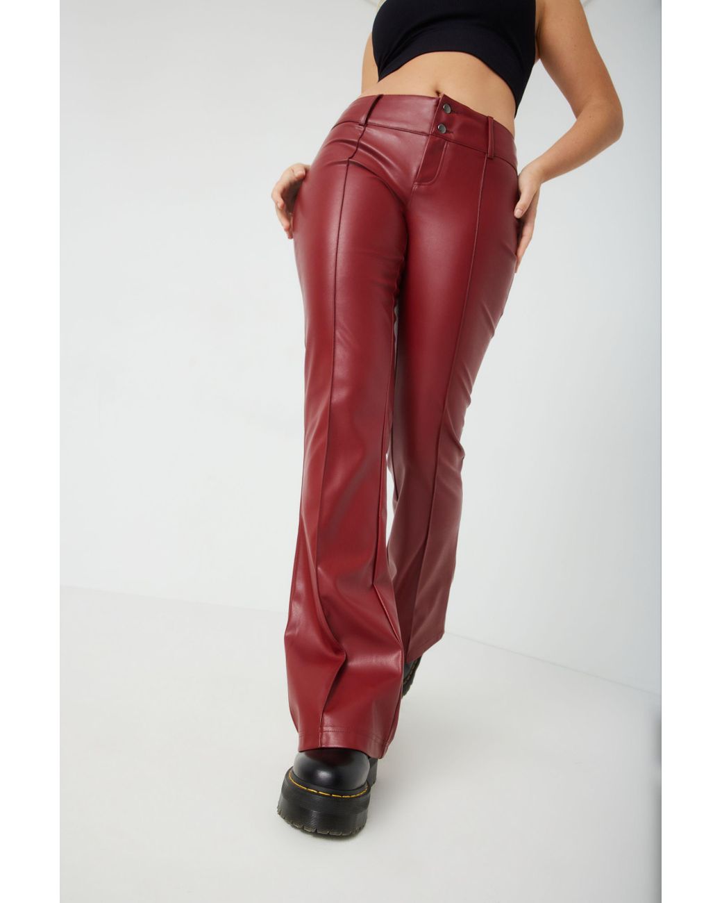 Garage Faux Leather Flare Low Rise Pant in Red