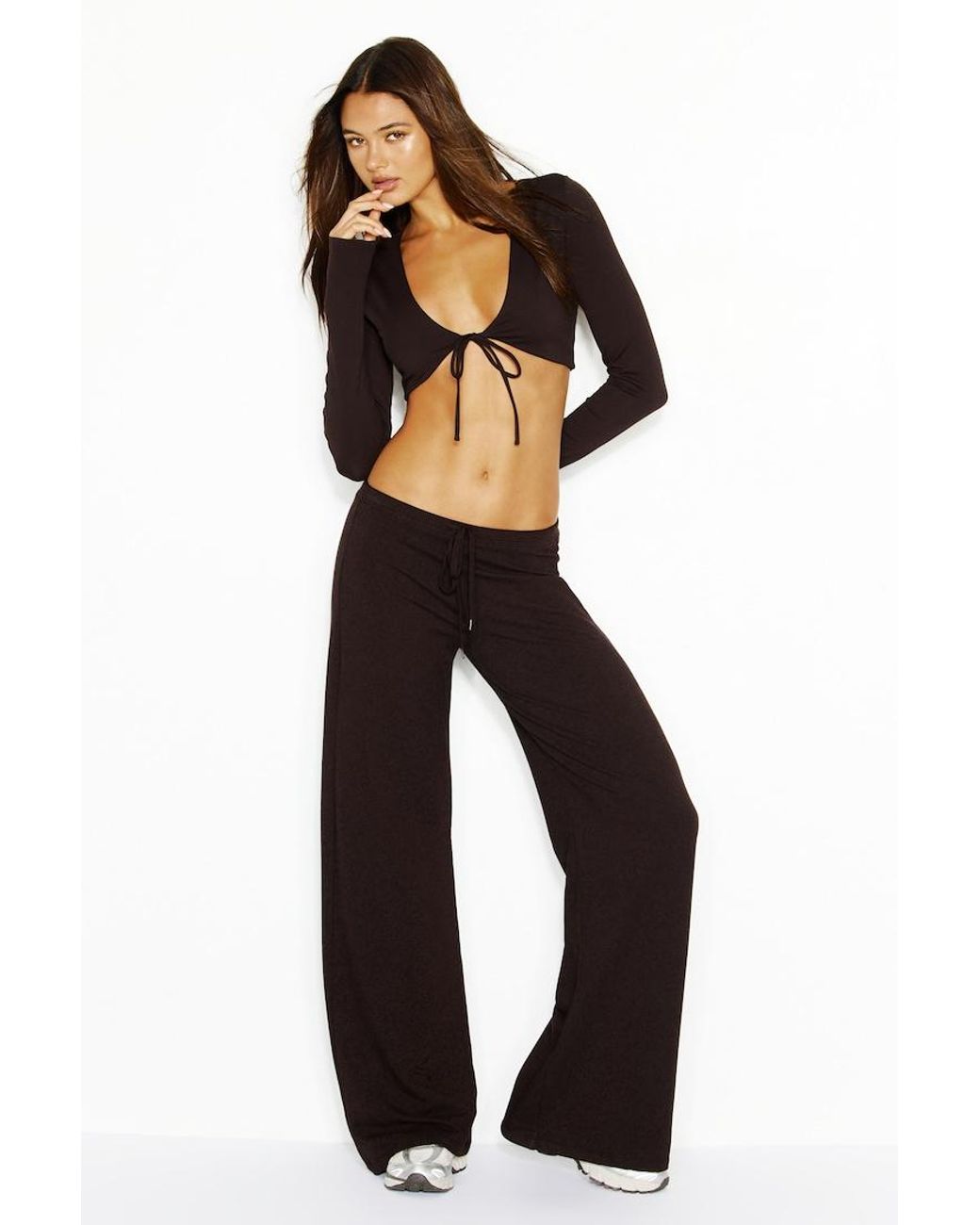 Garage Black Sleek Tie Front Micro Long Sleeve Top