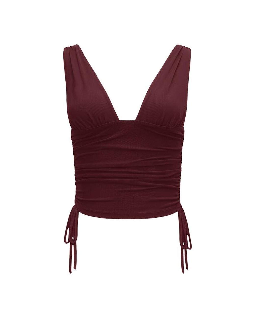 Garage Red Plunge Ruched Tie Mesh Top