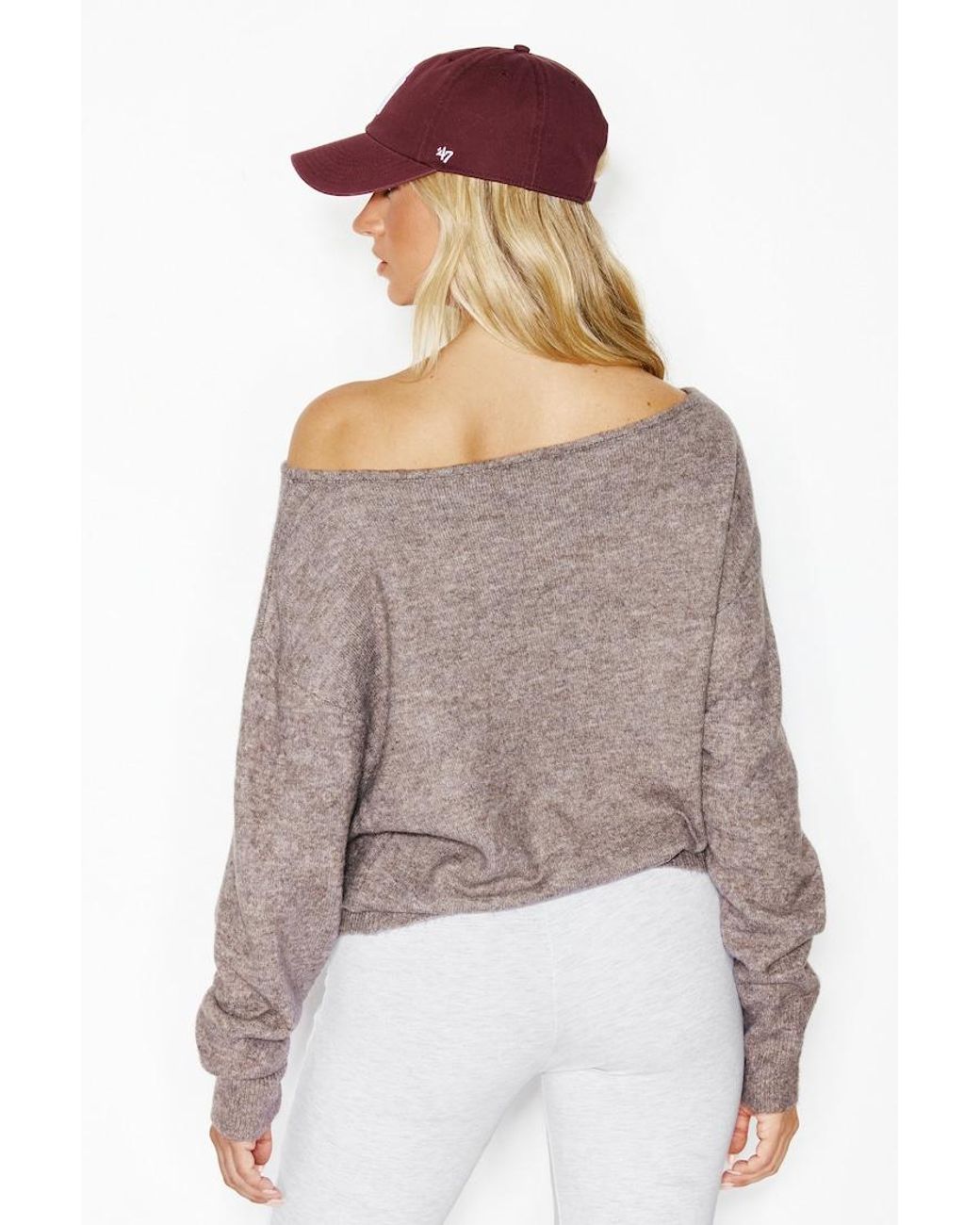 Garage Gray Long Sleeve Spongy Relaxed Off Shoulder Sweater