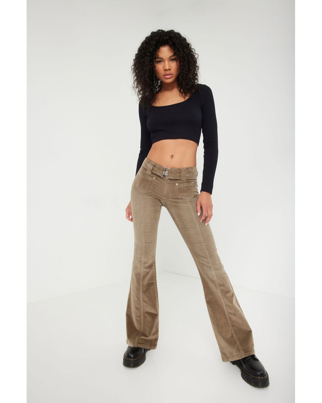 Garage Low Rise Cord Belted Flare Pant in Black | Lyst