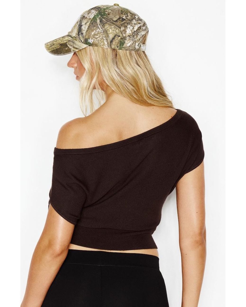 Garage Black Off Shoulder Short Sleeve Cinch Waist Top