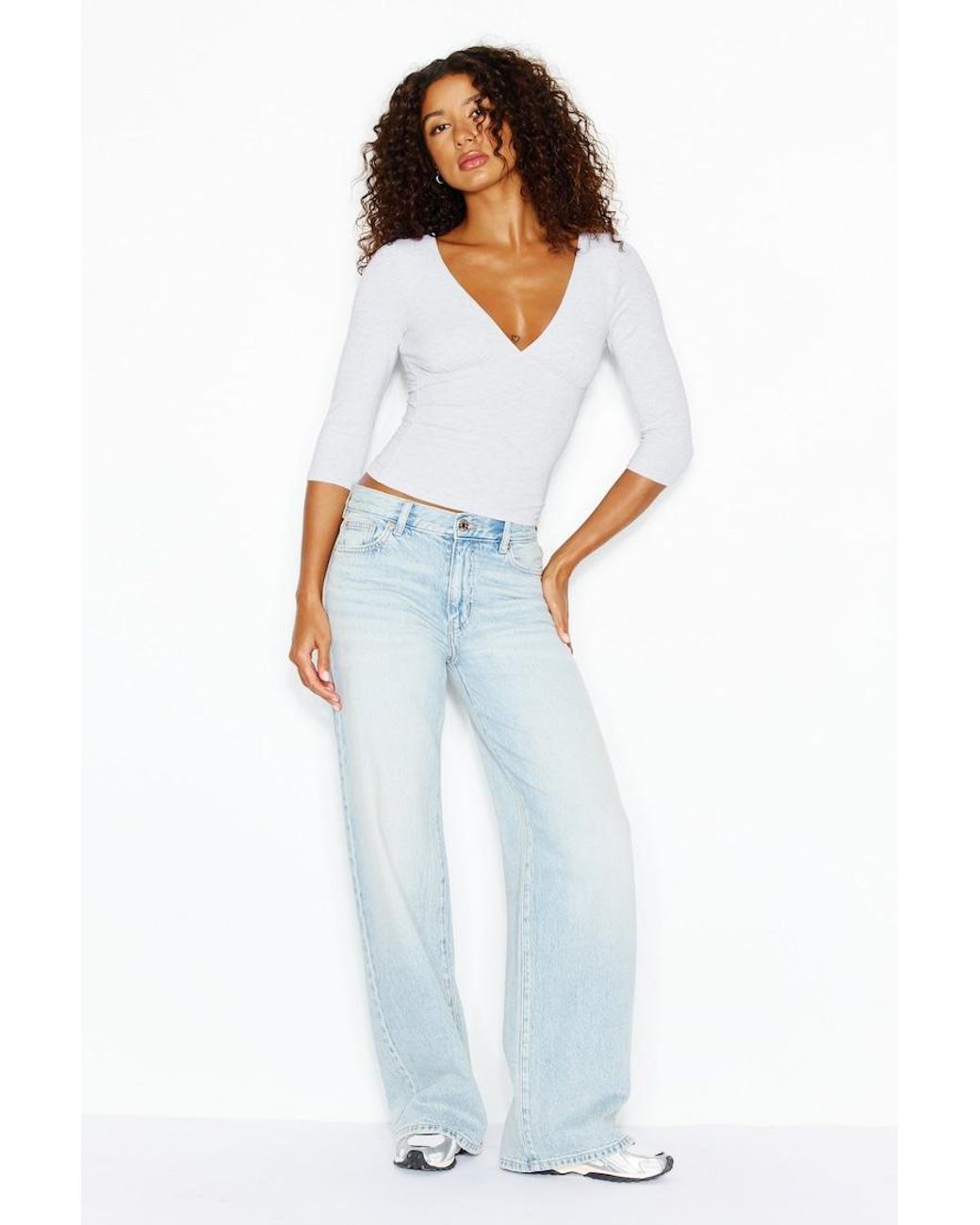 Garage White Plunge 3/4 Sleeve Top