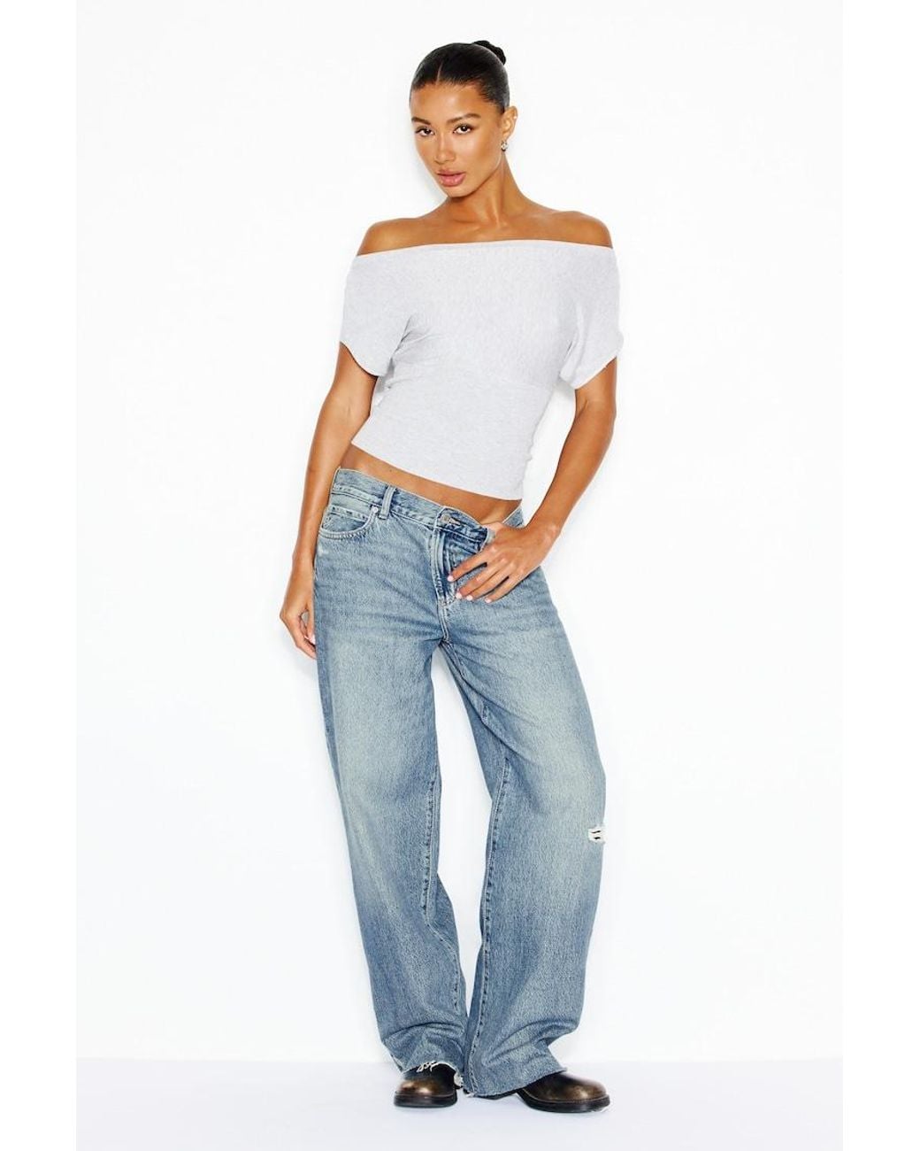Garage White Off Shoulder Short Sleeve Cinch Waist Top