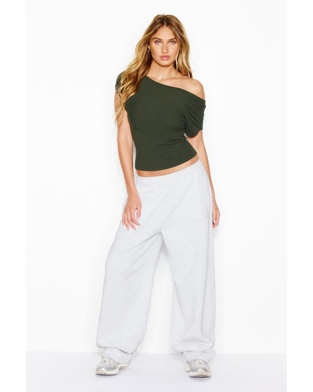 Garage Green Off Shoulder Short Sleeve Cinch Waist Top