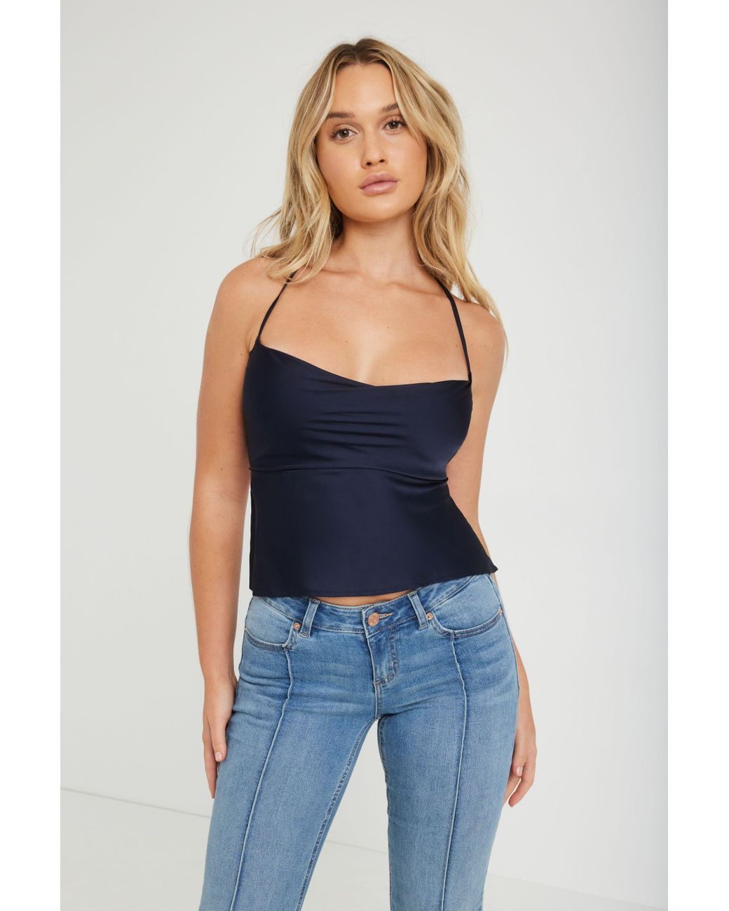 Garage Satin Cowl Neck Lace Up Cami in Blue
