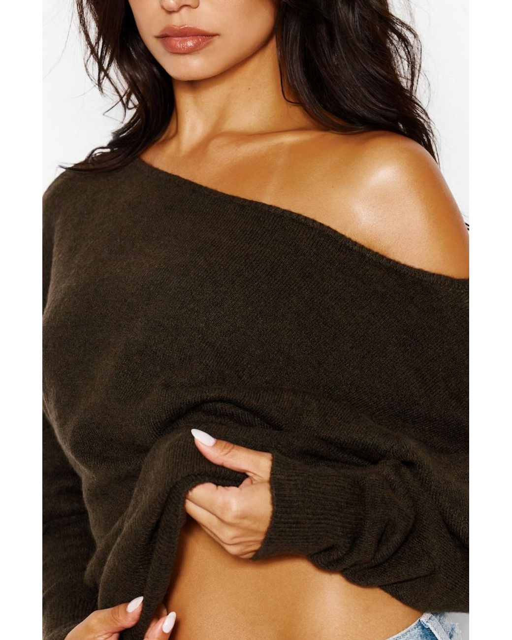 Garage Black Long Sleeve Spongy Relaxed Off Shoulder Sweater