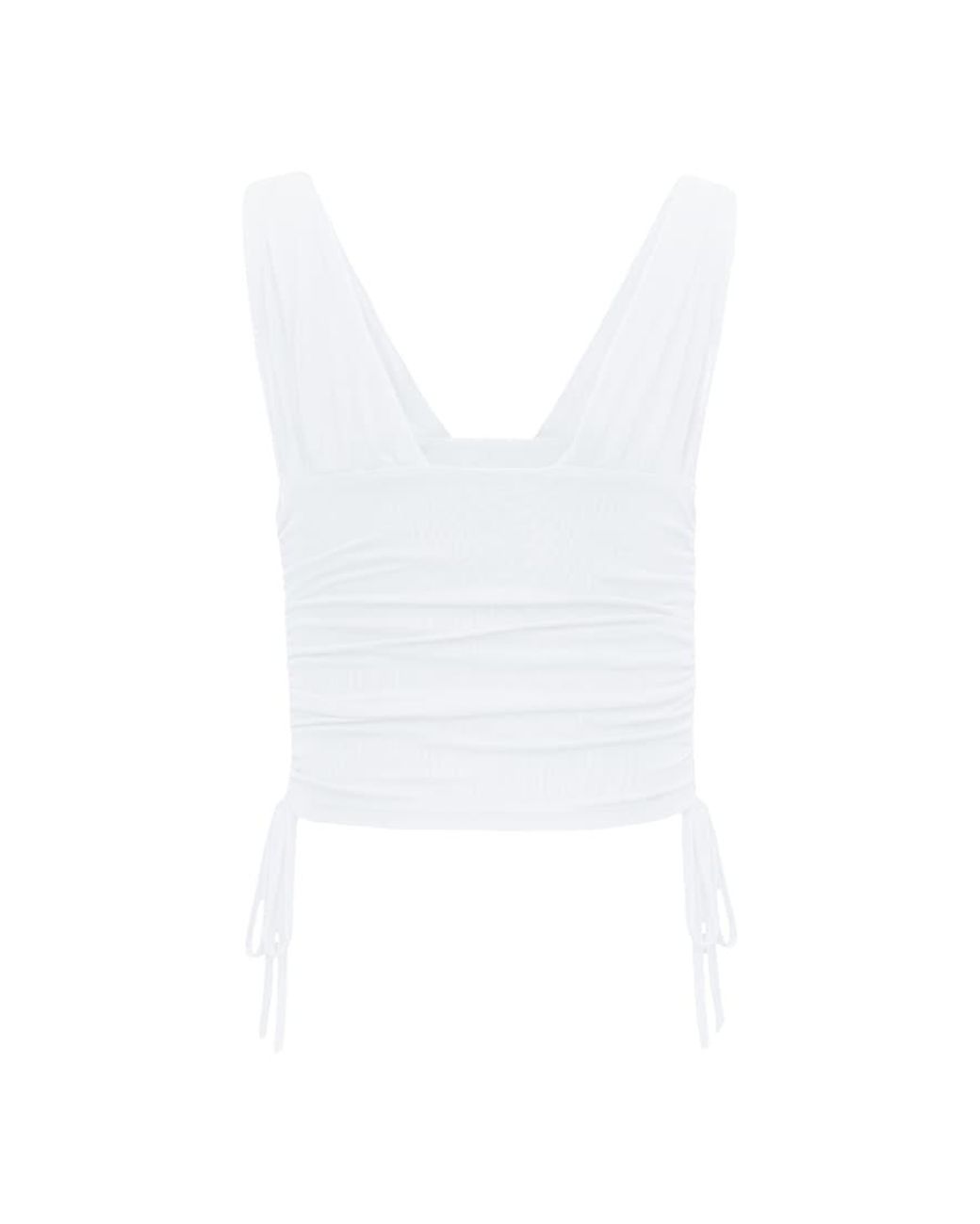 Garage White Plunge Ruched Tie Mesh Top