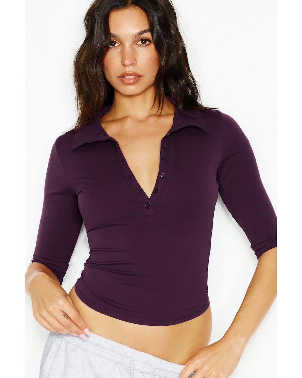 Garage Purple Sleek 3/4 Sleeve Polo Top