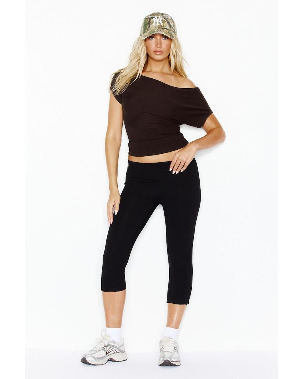 Garage Black Off Shoulder Short Sleeve Cinch Waist Top
