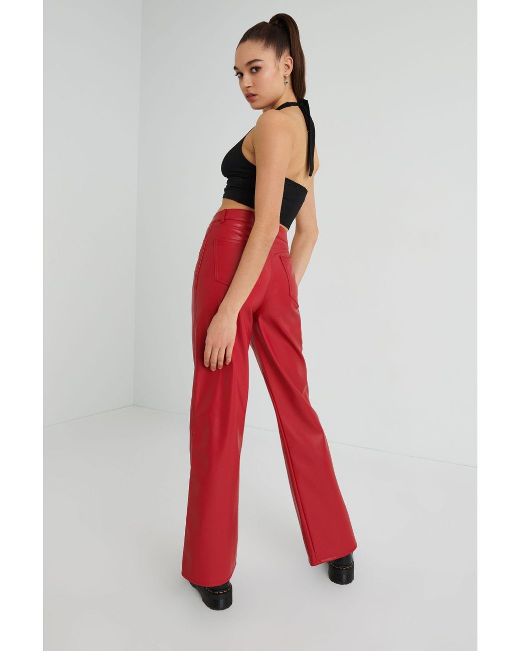 Garage Faux Leather Straight Leg Pants in Red | Lyst