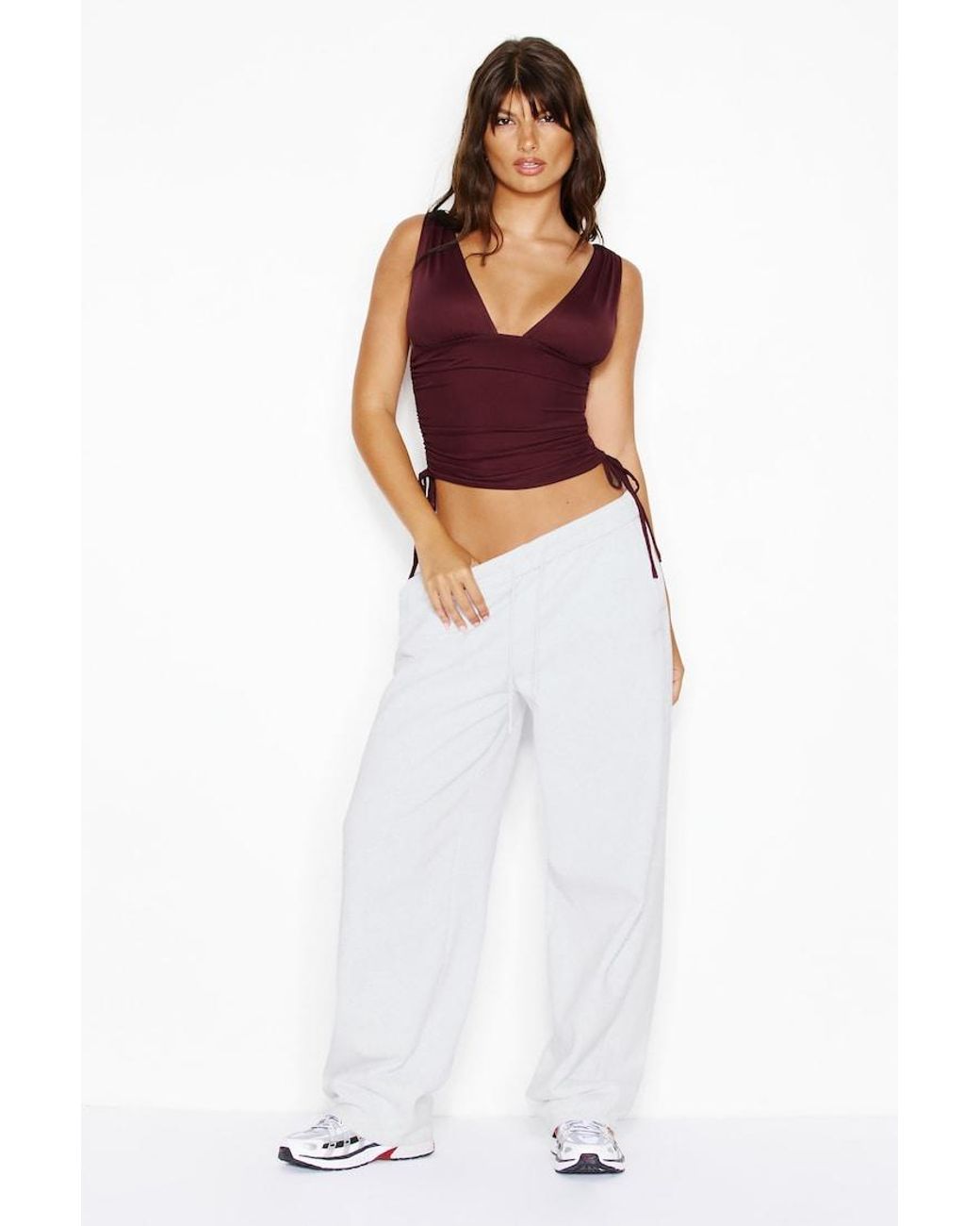 Garage Red Plunge Ruched Tie Mesh Top