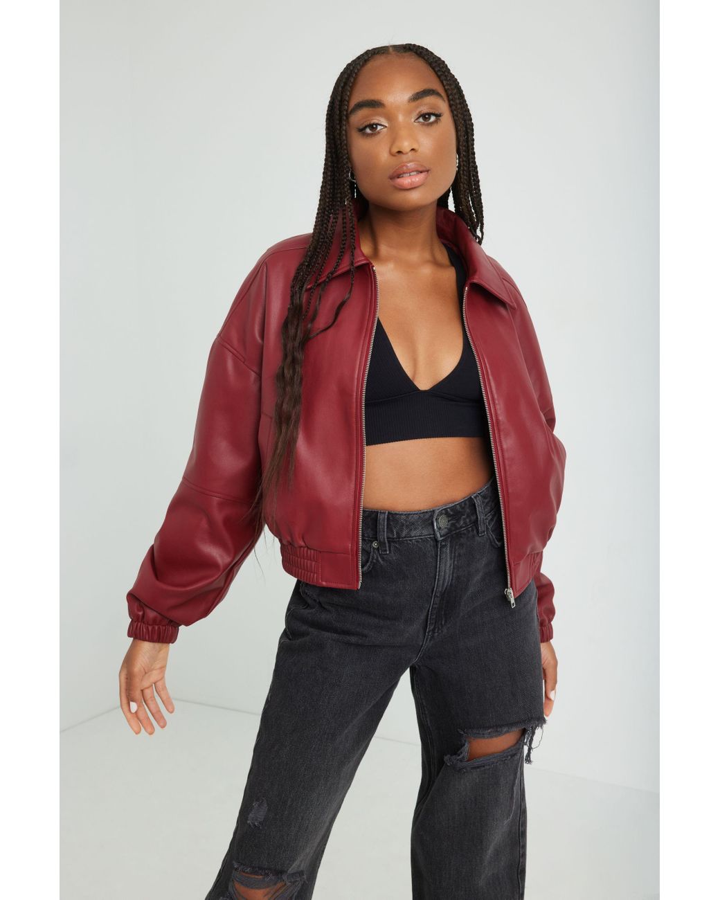 Dark red top faux leather jacket