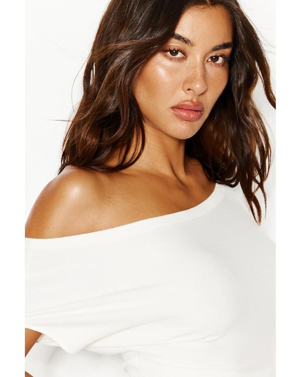 Garage White Off Shoulder Short Sleeve Cinch Waist Top