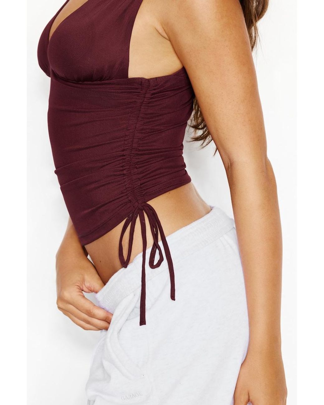 Garage Red Plunge Ruched Tie Mesh Top