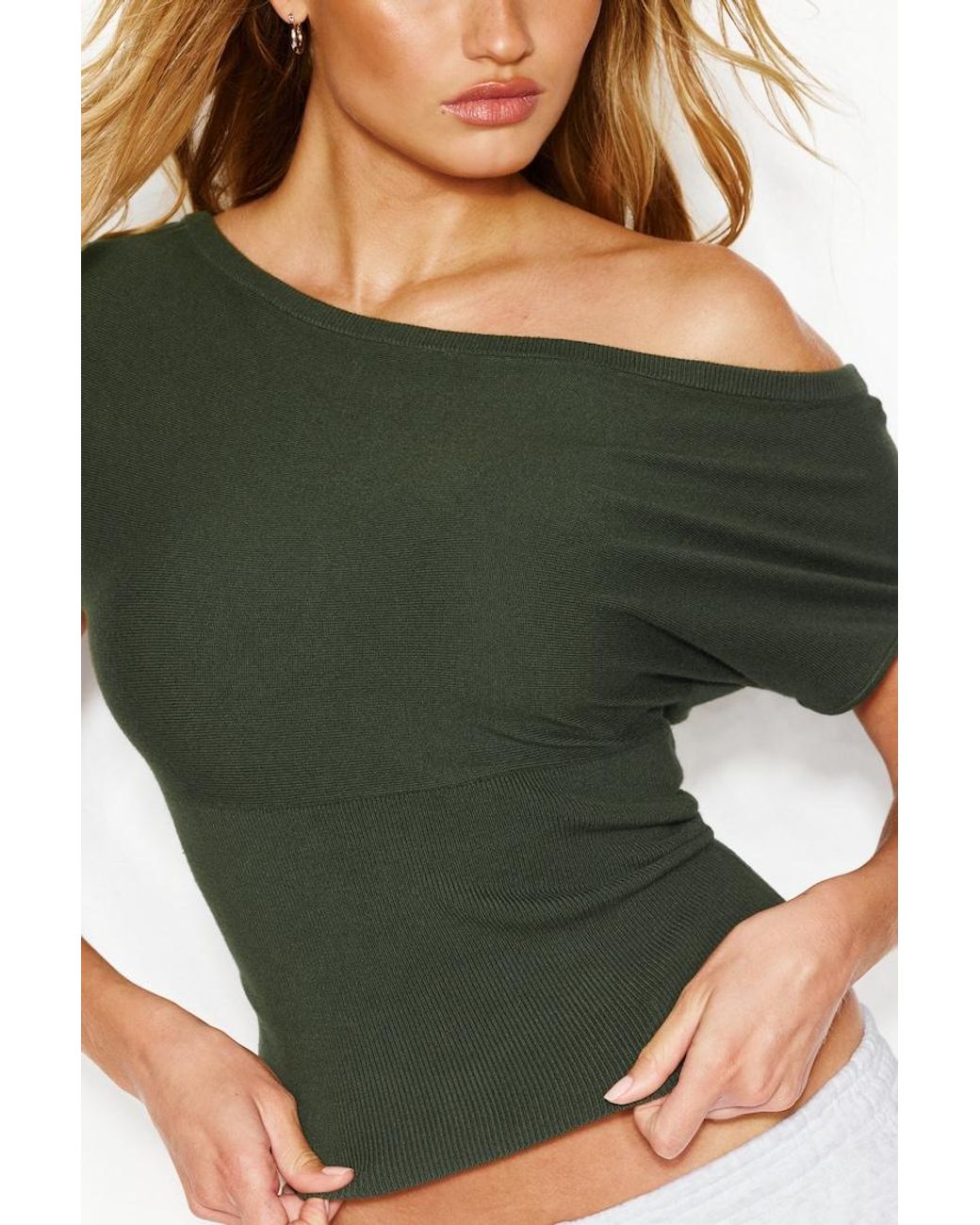 Garage Green Off Shoulder Short Sleeve Cinch Waist Top