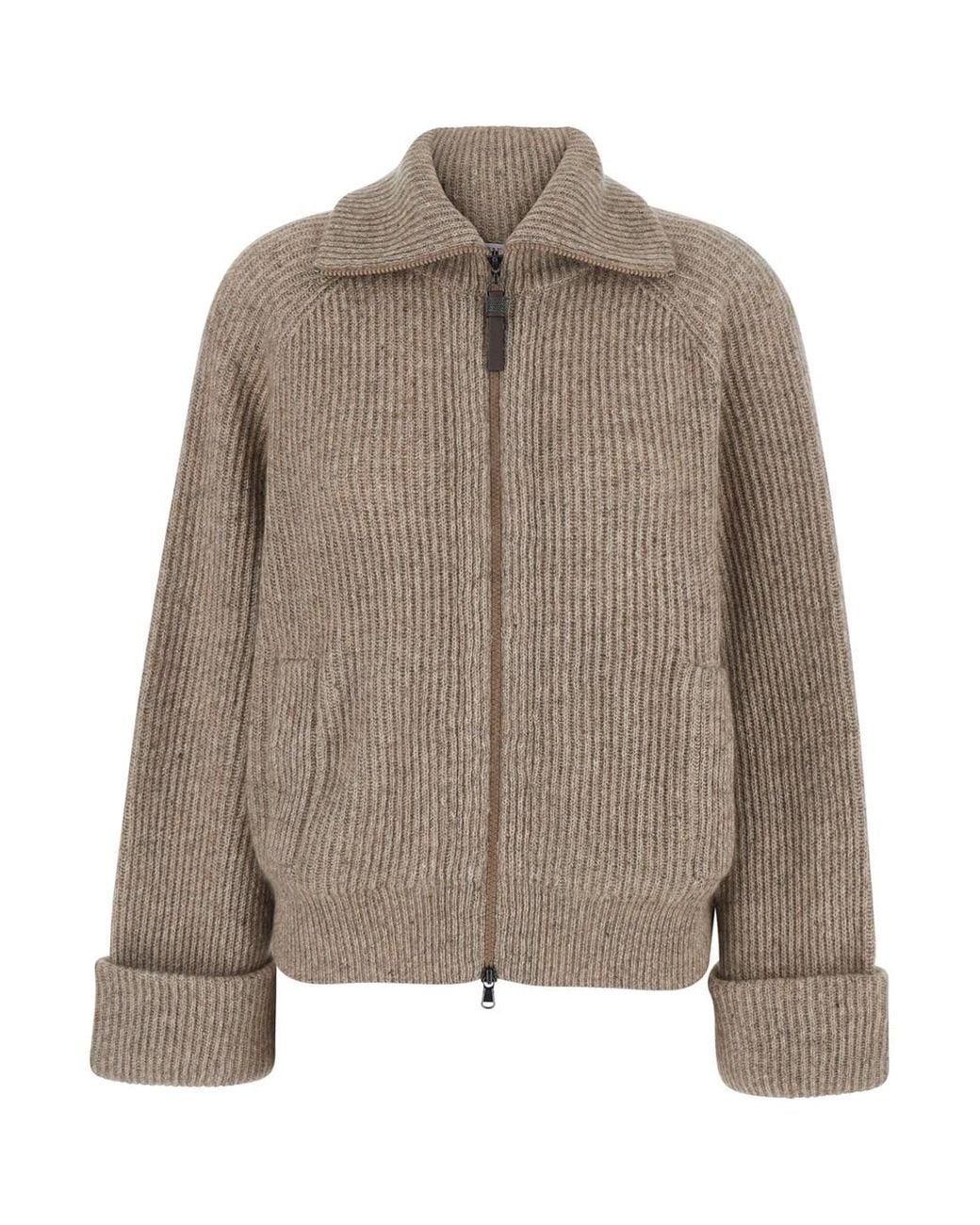 Brunello Cucinelli Brown Wool High-Neck Zip Front Cardigan With Ribbed Finishes