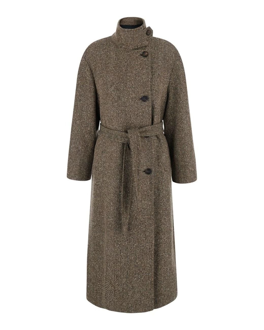 Brunello Cucinelli Natural High-Neck Coat With Button And Waist Belt In