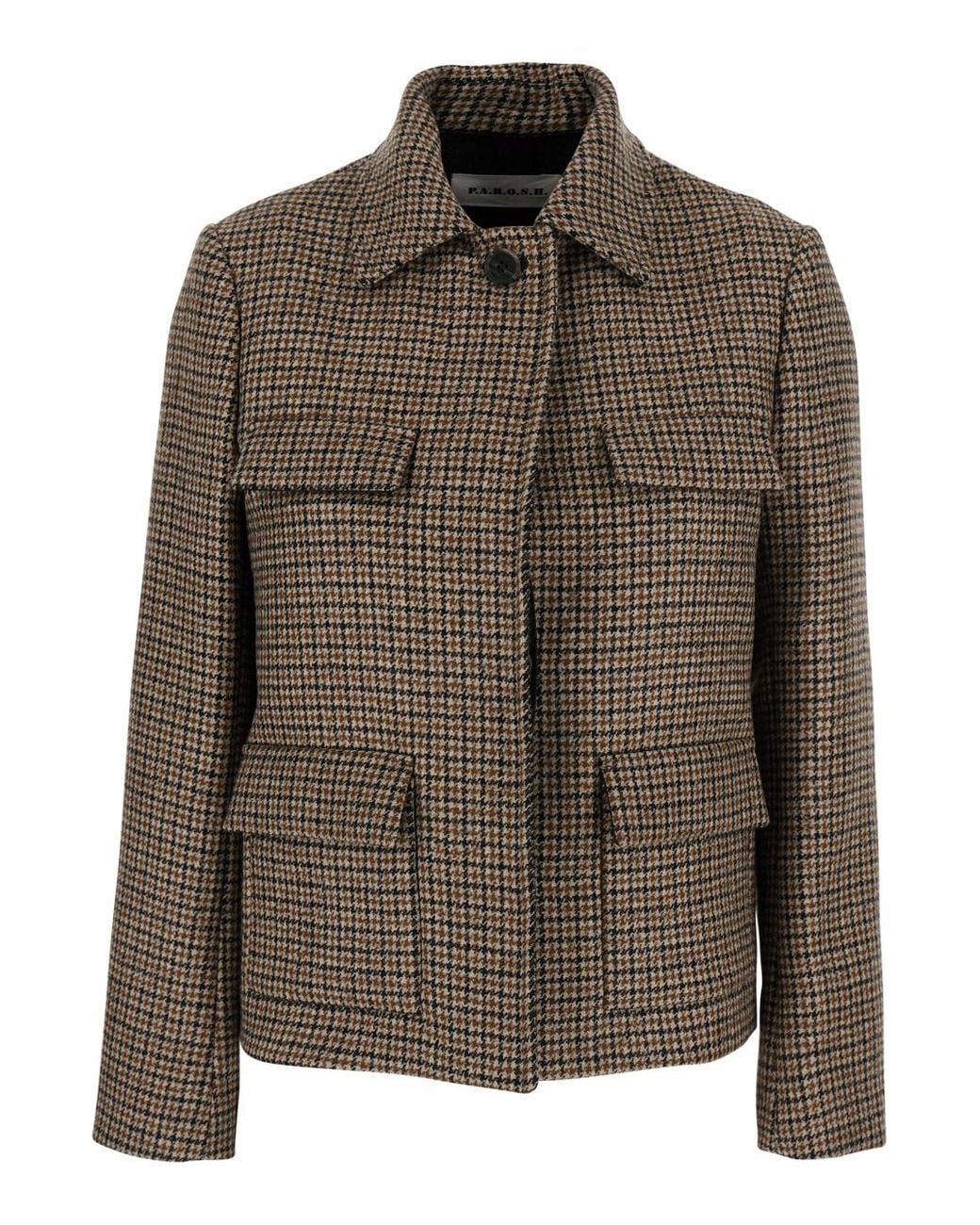 P.A.R.O.S.H. Brown P. A.R. O.S. H. Woven Check Cropped Blazer With Button Front And Side Pockets