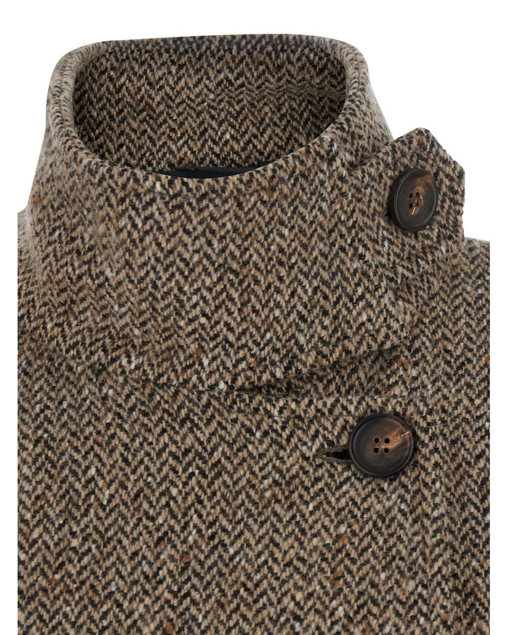 Brunello Cucinelli Natural High-Neck Coat With Button And Waist Belt In