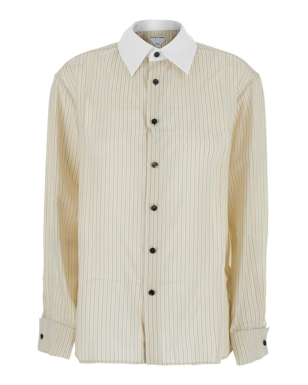 Bottega Veneta White Shirt With Pointed Collar And All-Over Stripes In