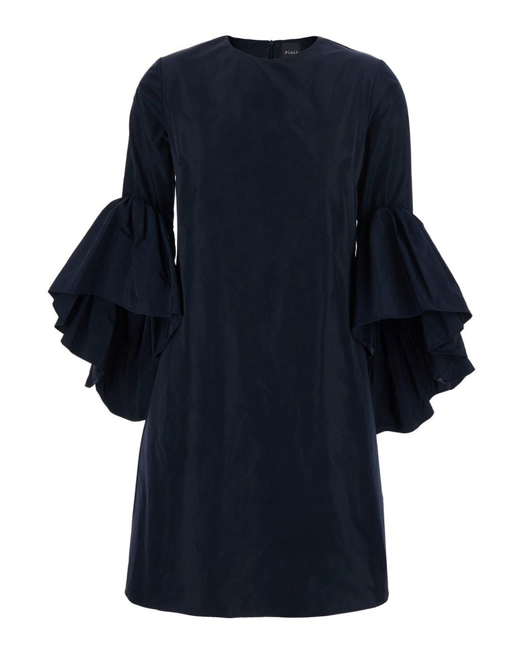 Le Plain Blue Crew Neck Dress With Flared Draped Sleeves For