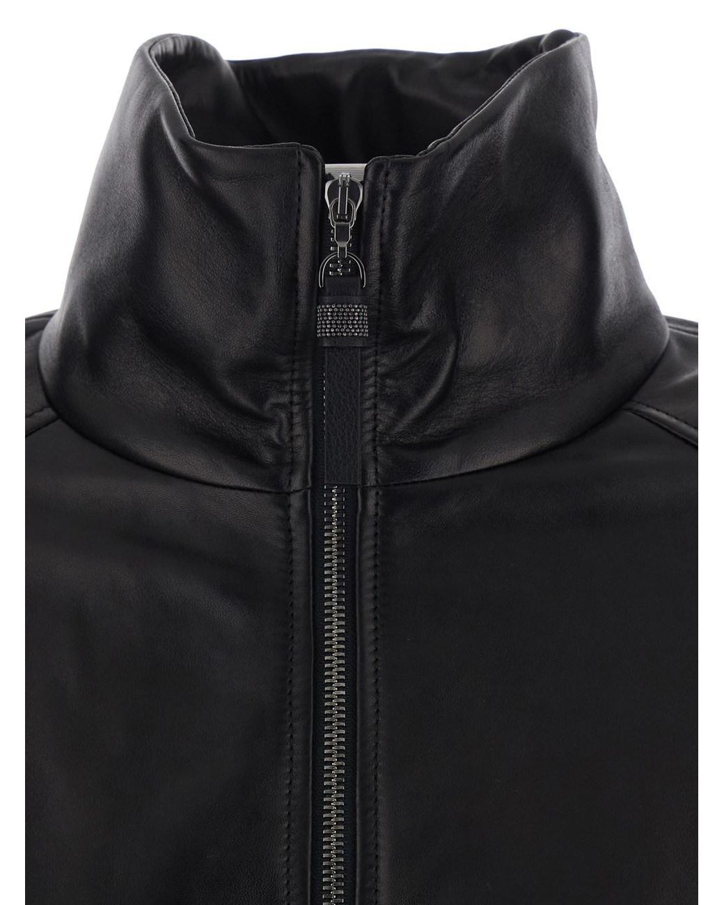 Brunello Cucinelli Black Jacket High-Collar Leather