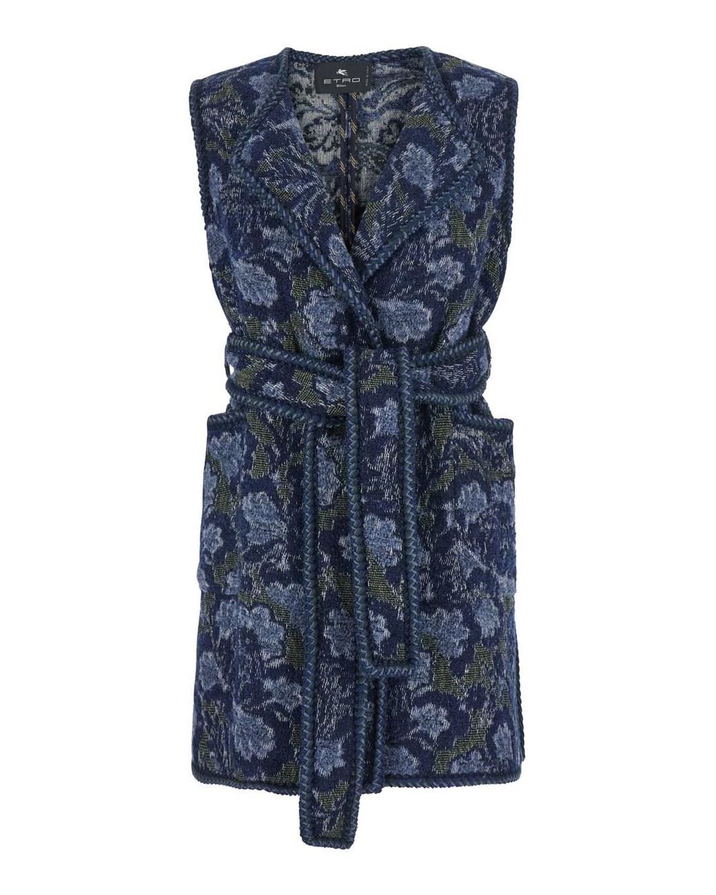 Etro Blue Tailored Sleeveless Vest With Belt And Patch Pockets