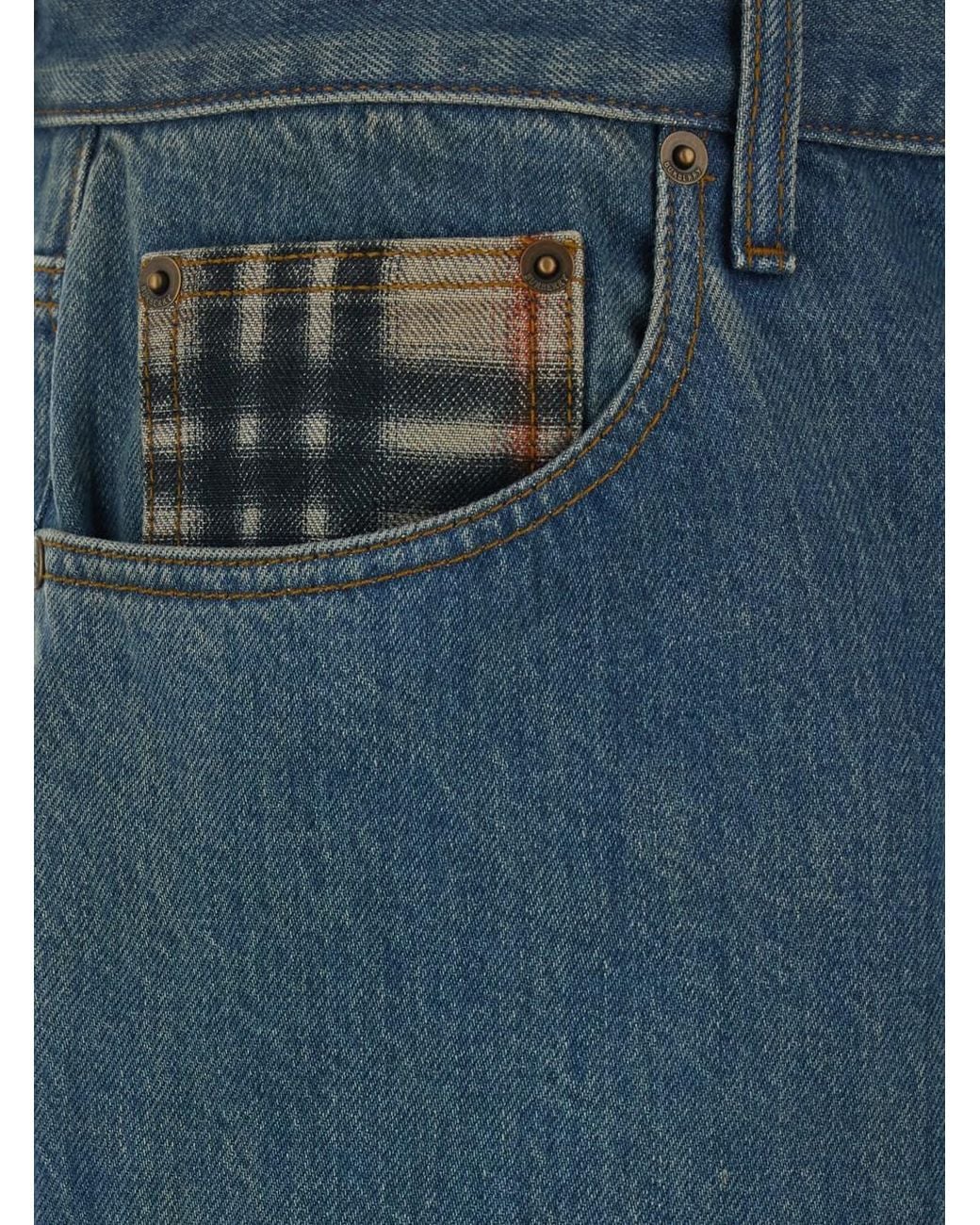 Burberry Blue 'Dexter' Jeans With Stonewash Effect And Check Motif Hem for men