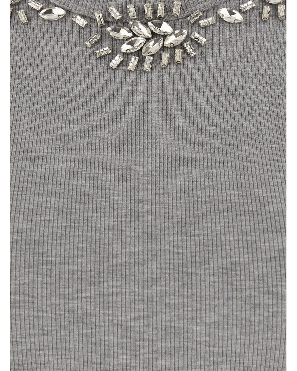 Le Plain Gray Ribbed Top Embroidery With Long Sleeves And Cotton Embroi