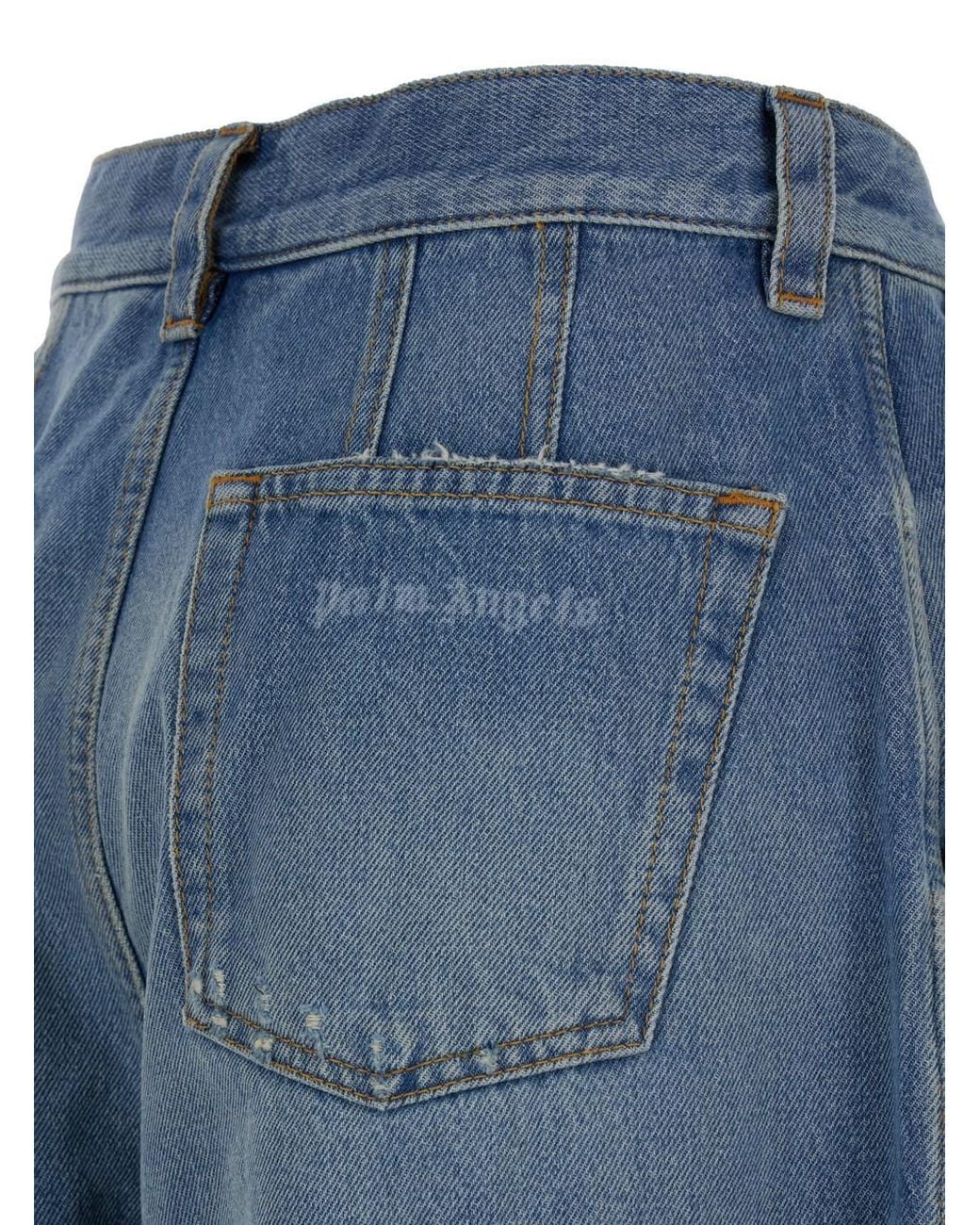 Palm Angels Blue Light High-Waisted Wide Jeans With Logo