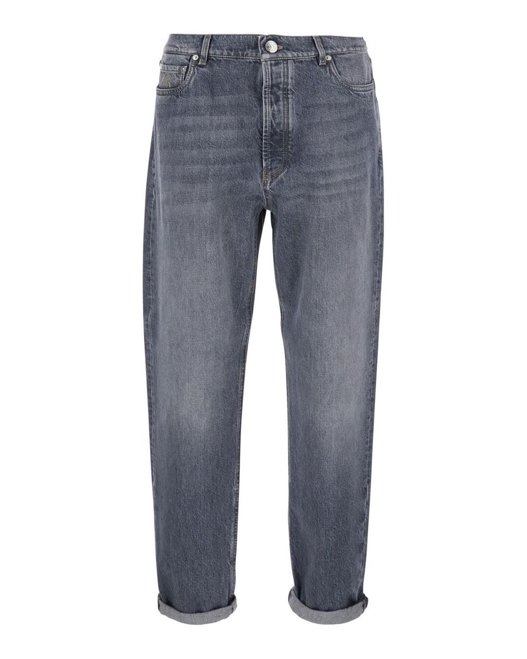 Brunello Cucinelli Blue Jeans With Cuffs And Logo Patch On The Back for men