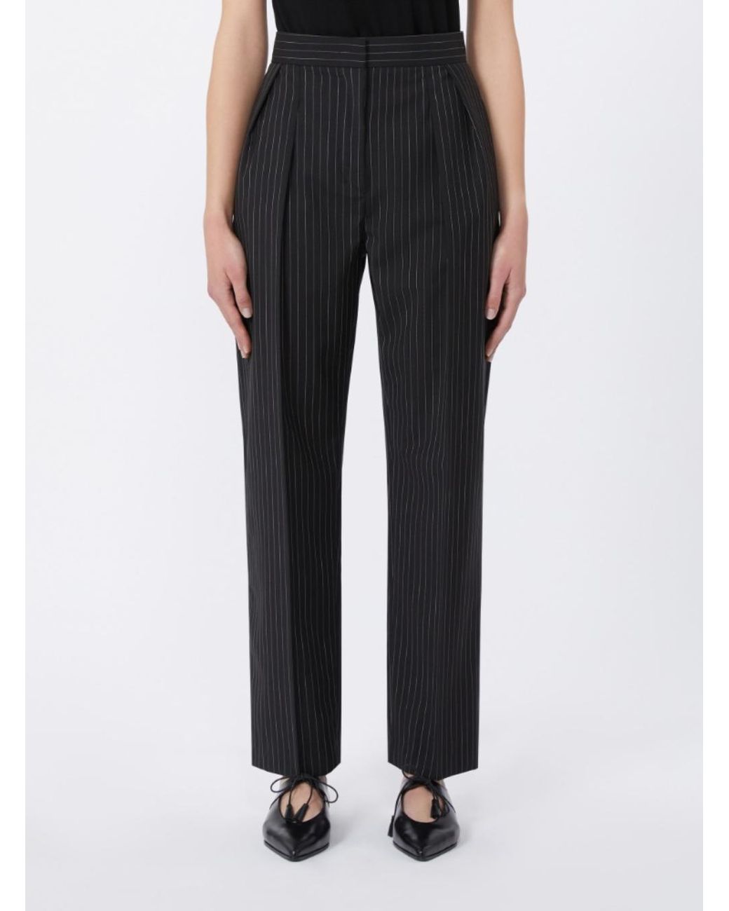 Max Mara Black Pants With Concealed Closure And Stripes Virgin Wool Trousers