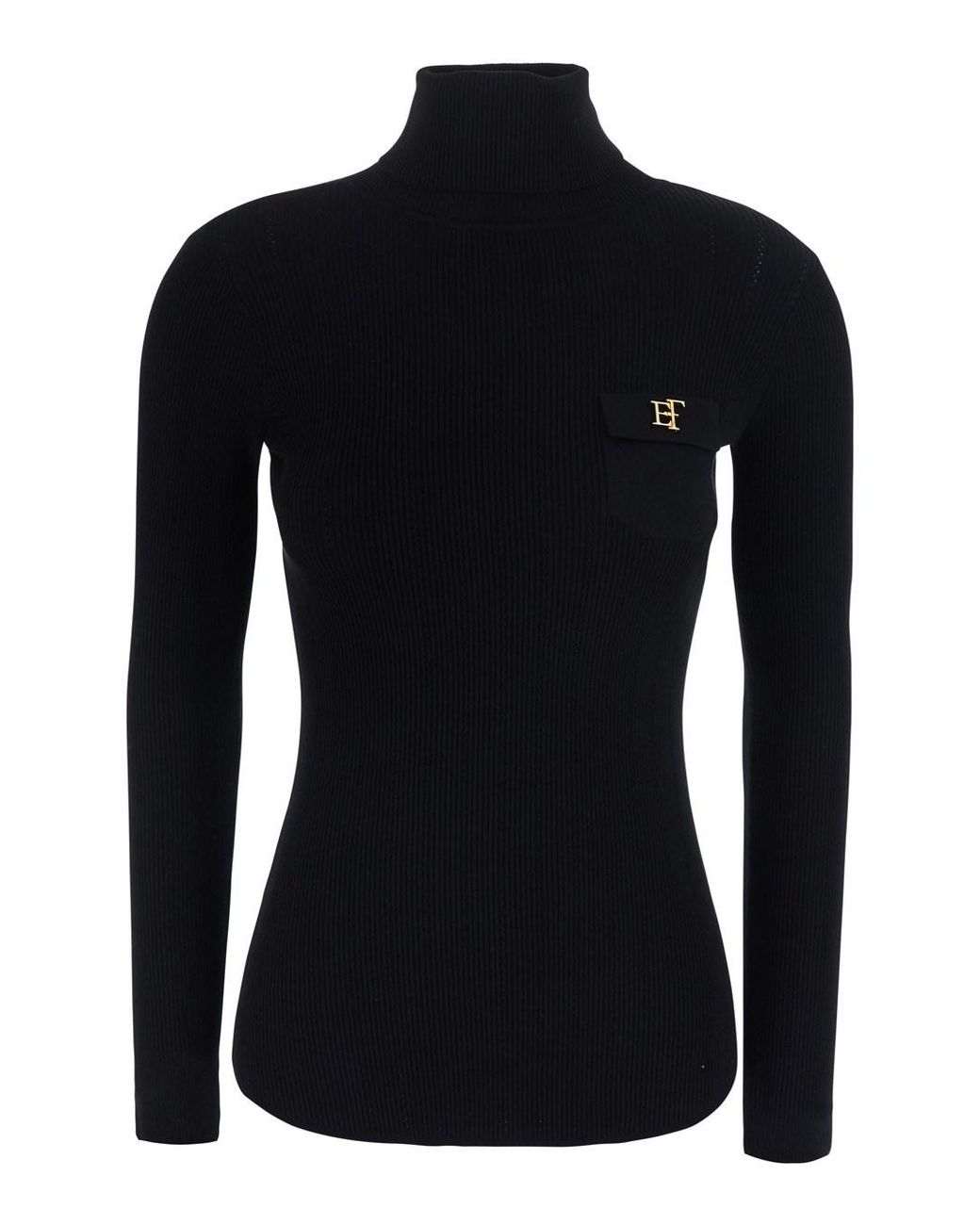 Elisabetta Franchi Black Ribbed Turtleneck Sweater With Ajour Detail Tech Fabric Tops