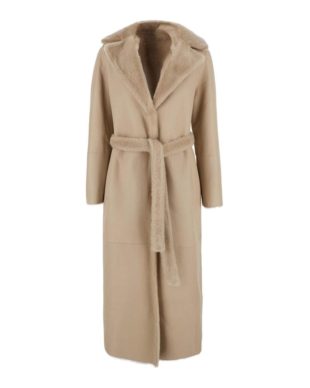 Yves Salomon Natural Coat 120Cm With Shirt Collar And Front Closure