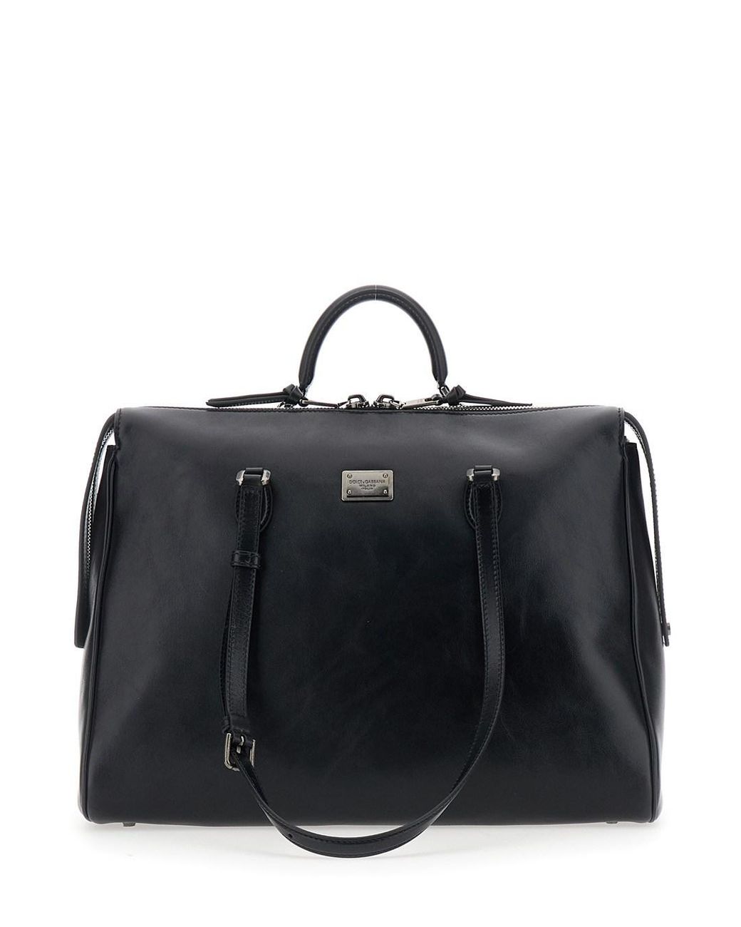 Dolce & Gabbana Black Leather Logo Plate Shoulder Handbag With Top Handle, Adjustable Straps 40X34X17 Cm for men