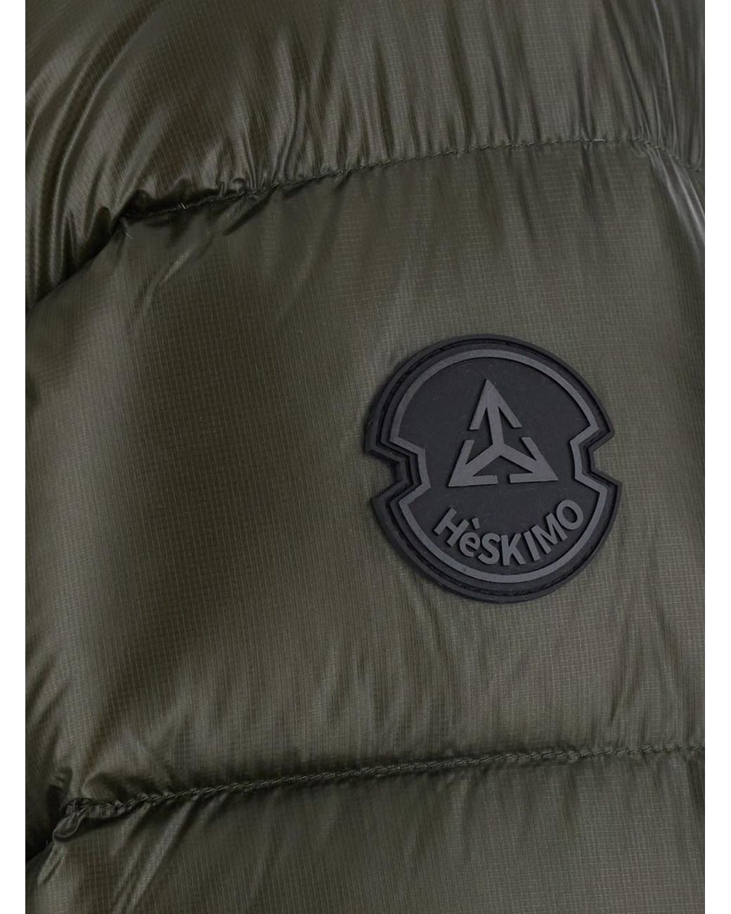 Heskimo Green Down Jacket With Fixed Hood And Logo Patch On The Sleeve for men