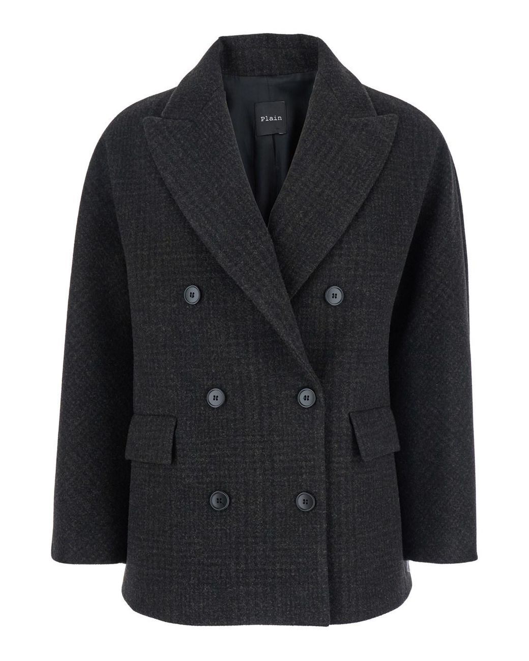 Le Plain Black Double-Breasted Jacket With Peak Revers And All-Over Che