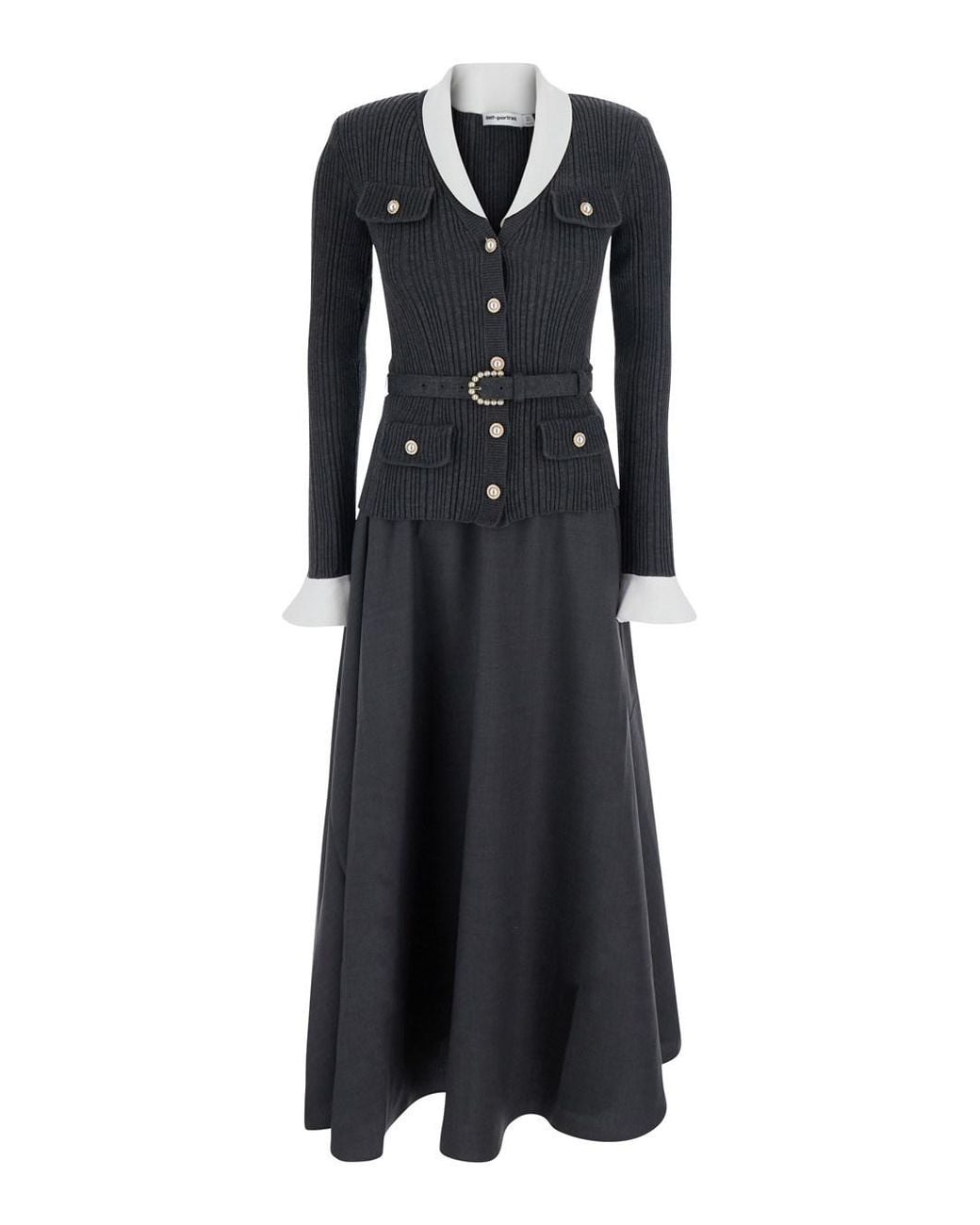 Self-Portrait Black Long Dress With V-Neck Tech Fabric And Cotton