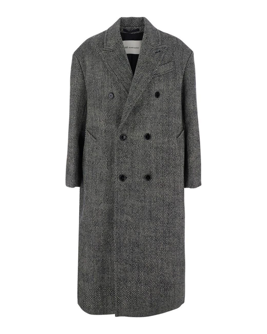AMI Gray Long Double-Breasted Coat With Collar And Pockets for men