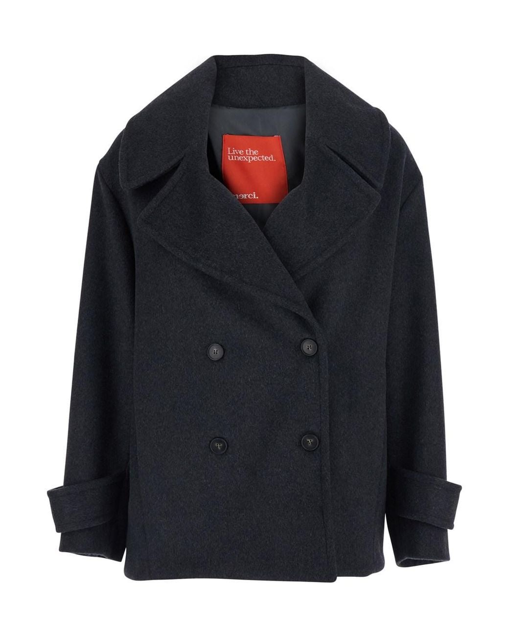 ..,merci Black Double-Breasted Coat With Wide Notched Revers
