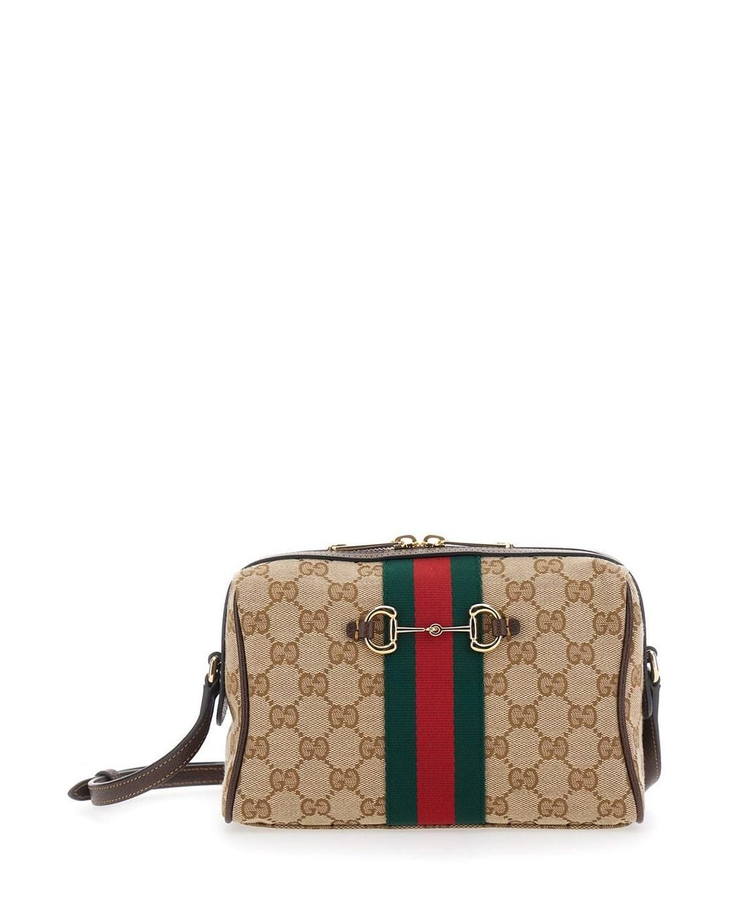Gucci Brown Shoulder Bag With Horsebit Plaque And Web Stripe And Adjus