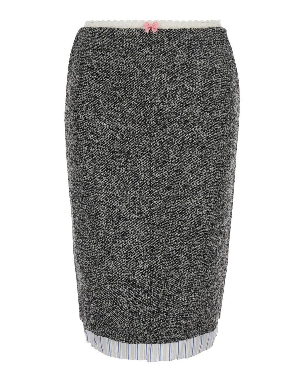 Markgong Gray Pencil Skirt With Front Bow And Striped Motif Hem