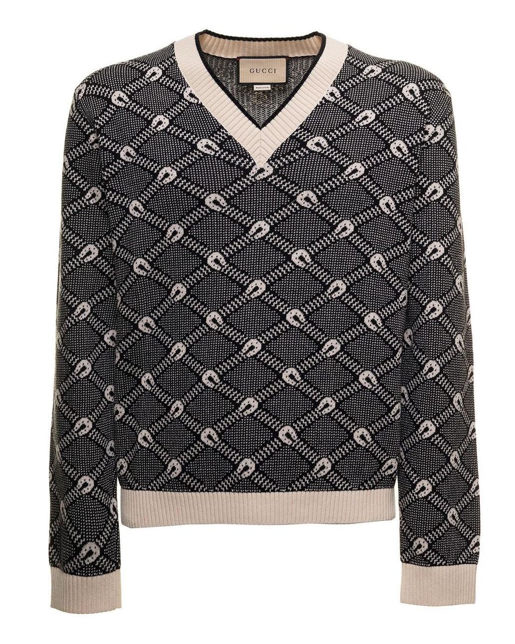 Gucci Blue Sweater In Knitted Cotton And Wool With Horseshoes Jacquard  Pattern Man in Black for Men | Lyst