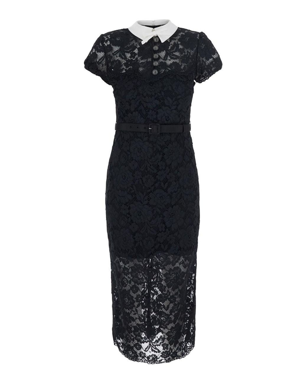 Self-Portrait Black Midi Dress With Lace Collar Polyester