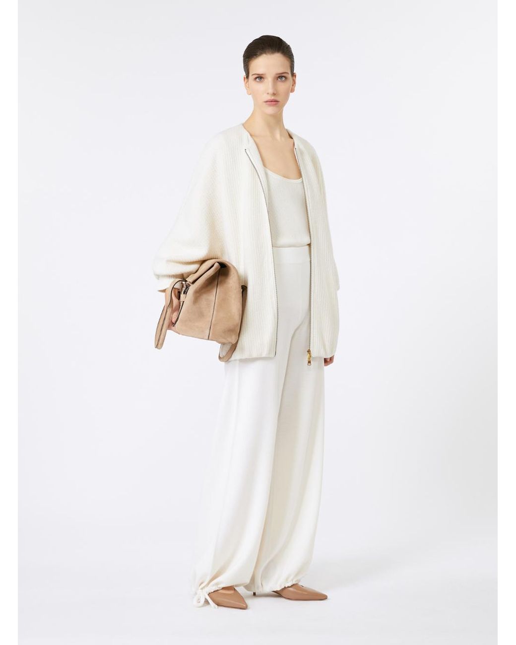 Max Mara White Wool Wide Leg Pants With Elastic Waist Virgin Trousers